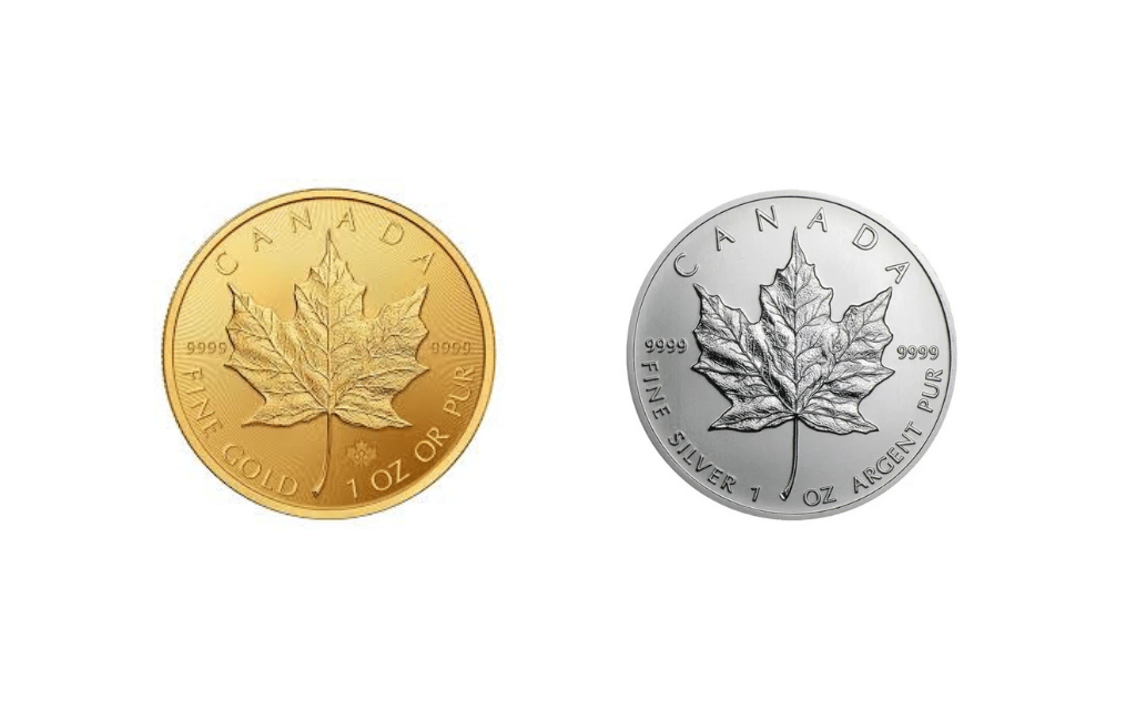 gold and silver Canadian maple leaf coins
