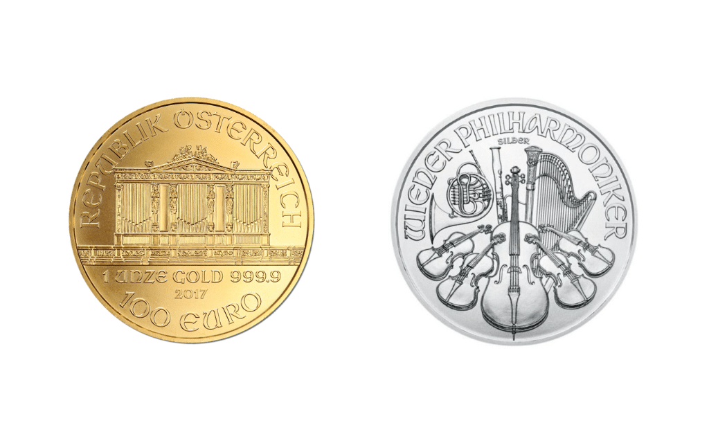 Austrian philharmonic gold and silver coins