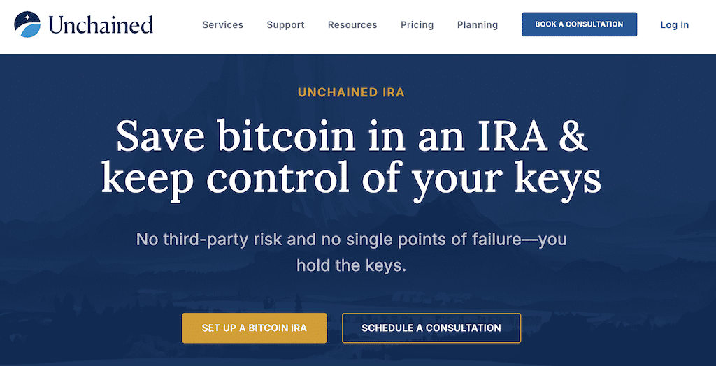 Unchained Bitcoin IRA homepage